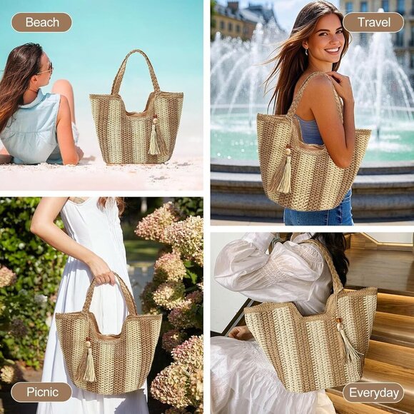 Women Straw Beach Tote Bag Large Weave Summer Boho Shoulder Handbag - Picture 6 of 7
